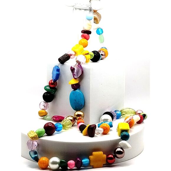 Mixed Media Glass, Natural Stone, Lucite, Shell Candy Colors Strand 41" Necklace - Picture 5 of 5